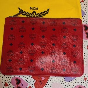 MCM Visetos Candy Red Leather Purse with Logo Black Accents